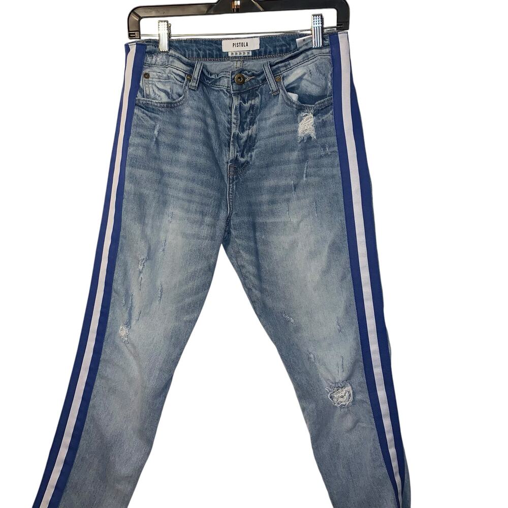 Pistola Nico Light Wash Distressed Side stripe Mom Jeans sz 28 - Picture 6 of 9